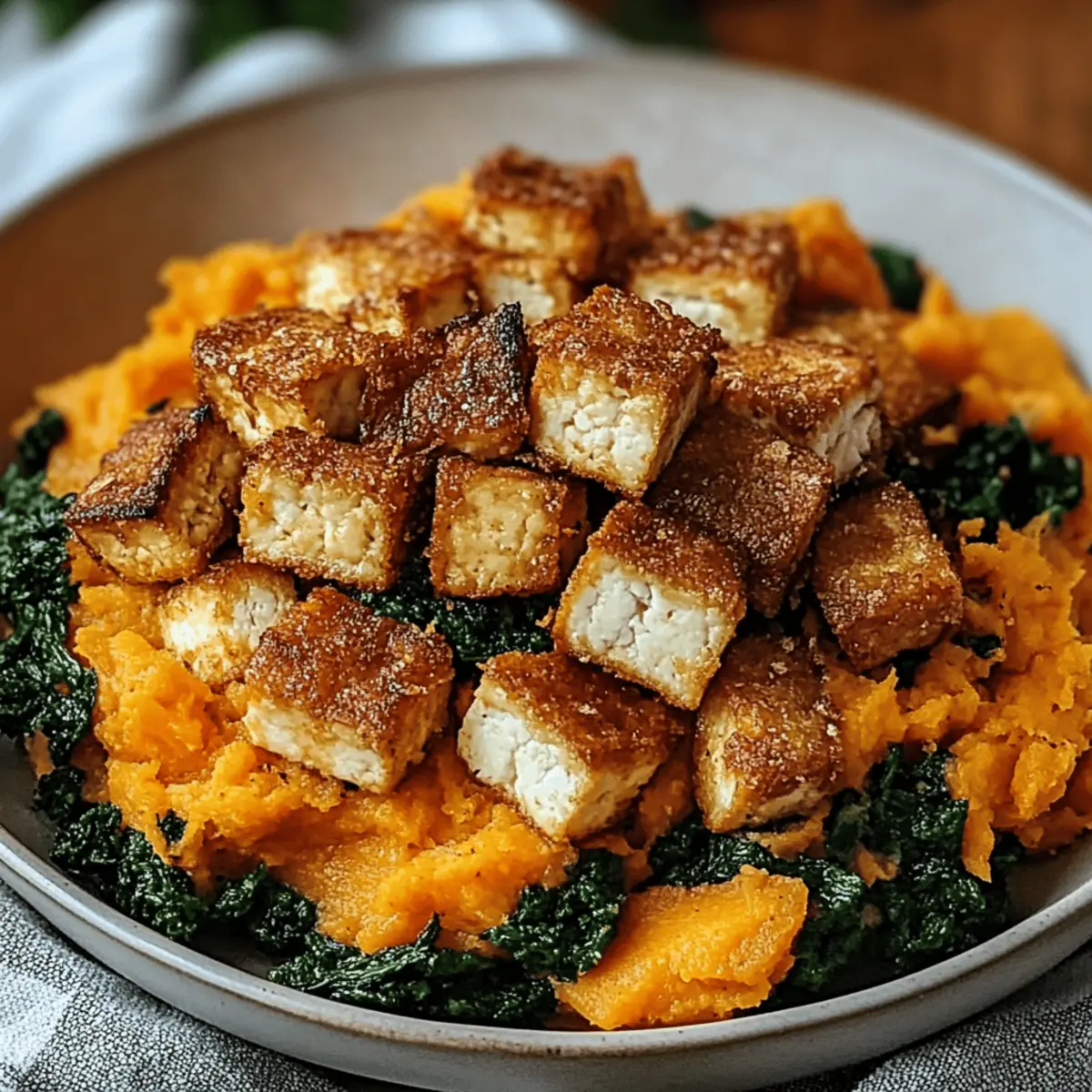 Maple Miso Whipped Sweet Potatoes with Crispy Tofu