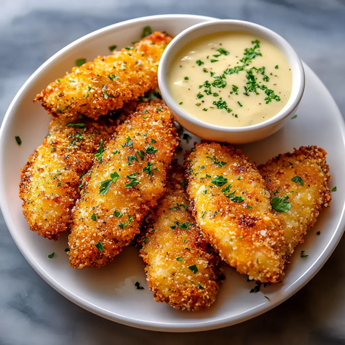 Crispy Parmesan-Crusted Chicken Tenders with Garlic Dip
