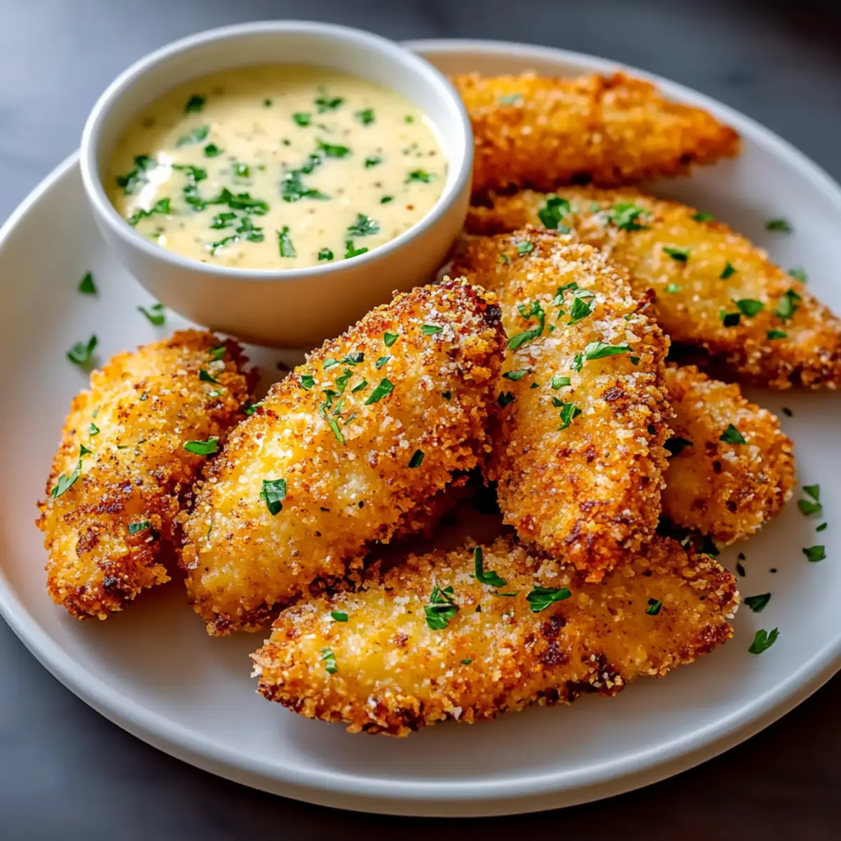 Crispy Parmesan-Crusted Chicken Tenders with Garlic Dip