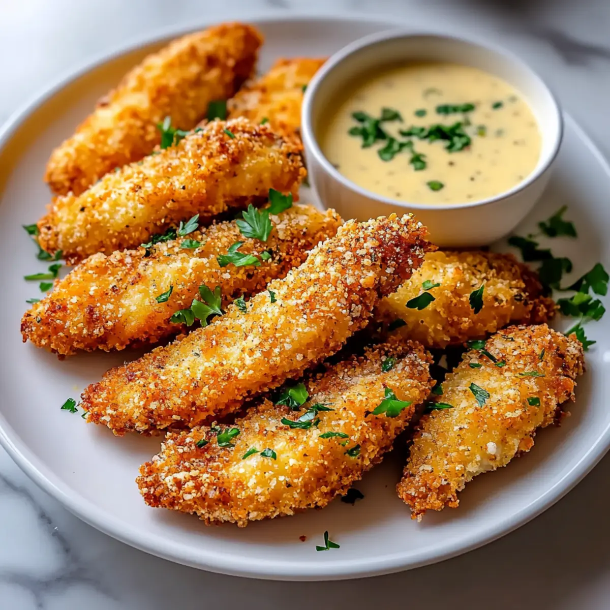 Crispy Parmesan-Crusted Chicken Tenders with Garlic Dip