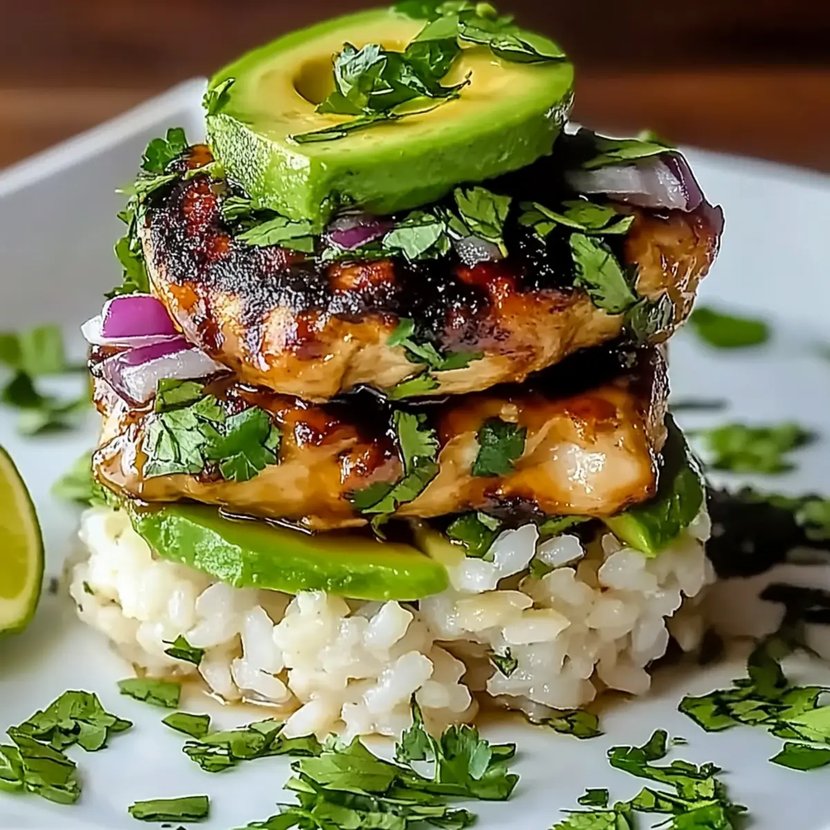 Honey Lime Chicken Avocado Rice Stack