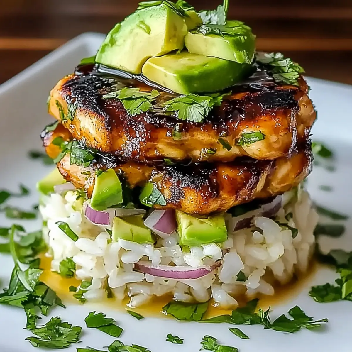 Honey Lime Chicken Avocado Rice Stack