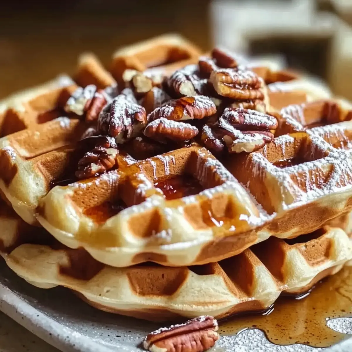 Crispy Pecan Waffles with Maple Drizzle