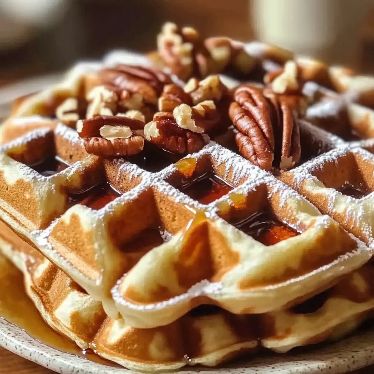 Crispy Pecan Waffles with Maple Drizzle